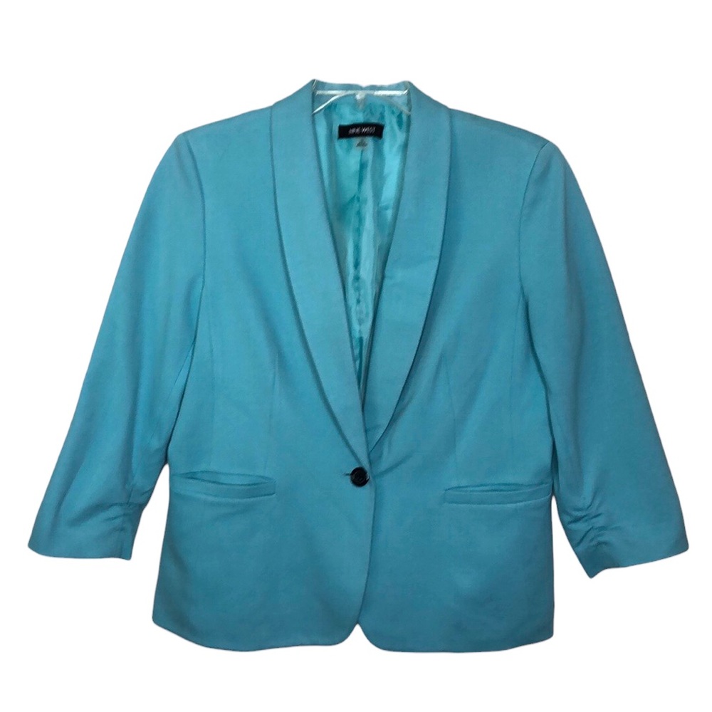 NINE WEST Light Aqua Blue Button Front Blazer w/ Ruched Sleeves Pockets Size 12
